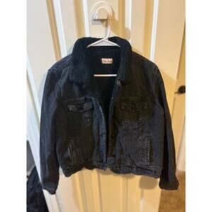 100% cotton black jean jacket, insulated faux sherpa lining size large